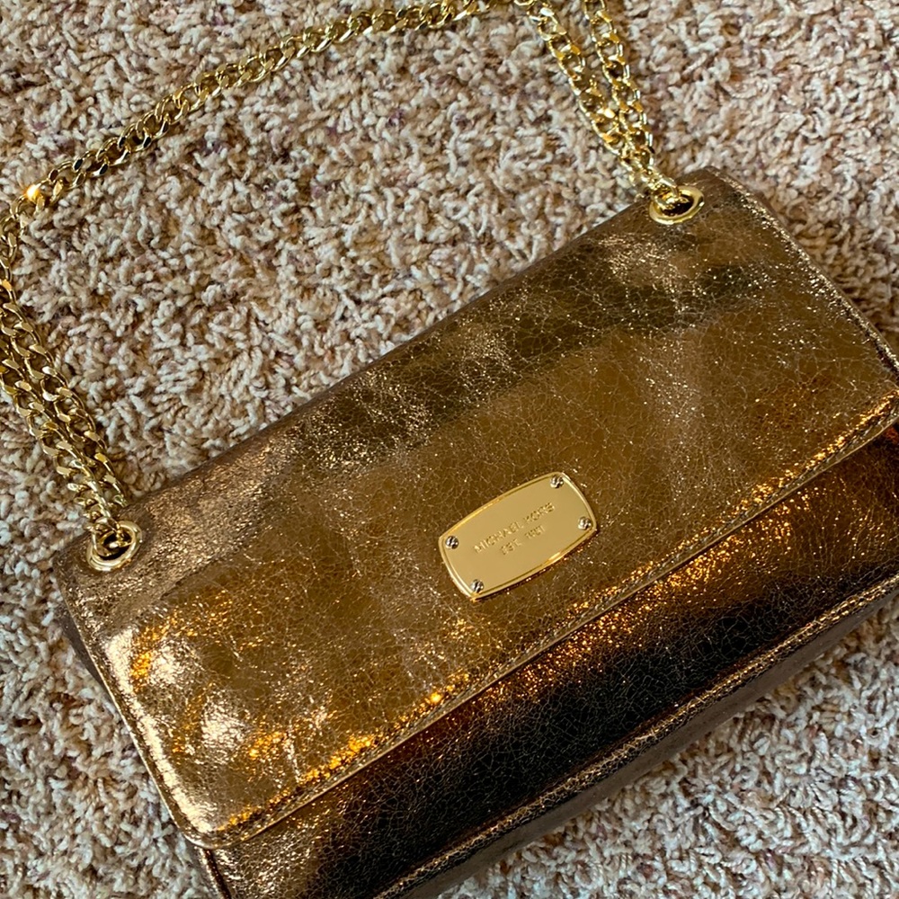 Michael Kors Metallic Deep Gold Crossbody Clutch Purse with Gold Chain